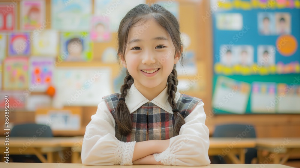 Smiling Japanese Girl in School Classroom, Education Concept, Elementary School Student, Learning Environment Smiling Japanese Girl in School Classroom, Education Concept, Elementary School Student, Learning Environment
