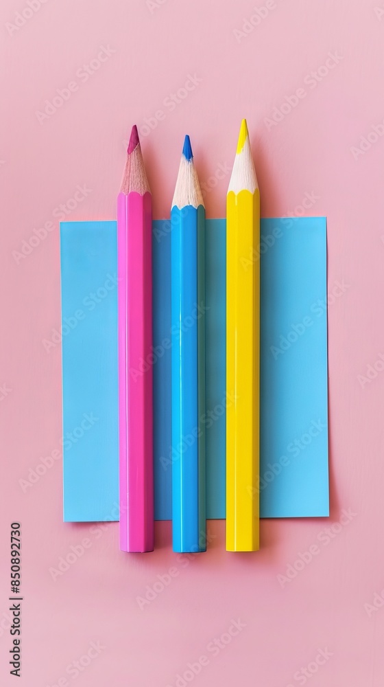 Three colored pencils standing on a blue paper on a pink background