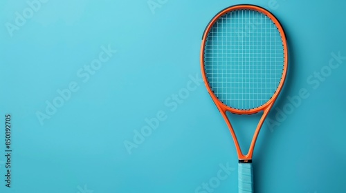 A tennis racquet with an orange frame sits on a blue background