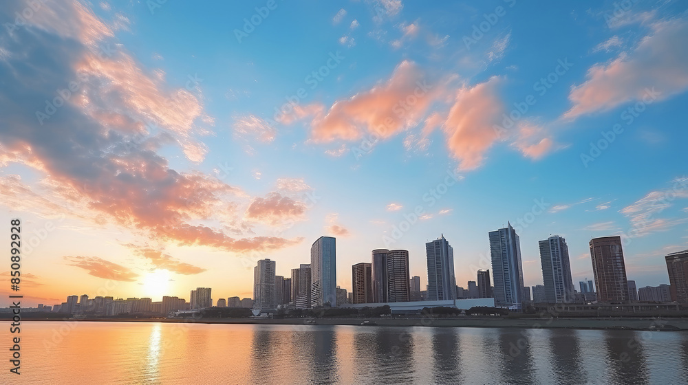 Vibrant Sunset over Urban Skyline by the River Vibrant Sunset over Urban Skyline by the River