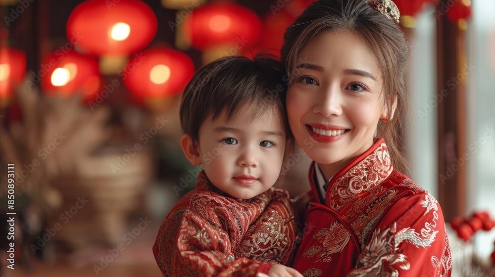 Asian Mother and Son Celebrating Chinese New Year with Red Lanterns Asian Mother and Son Celebrating Chinese New Year with Red Lanterns