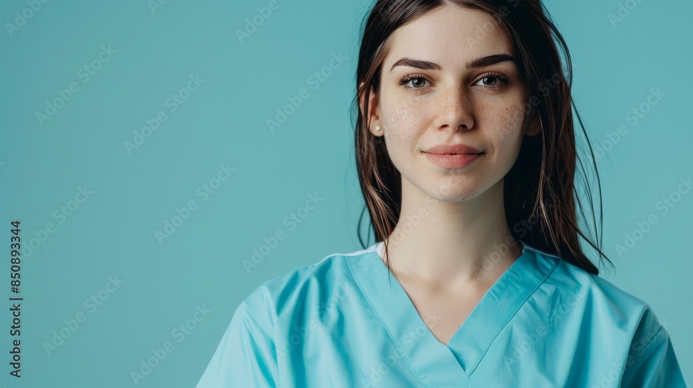 A woman in scrubs smiles confidently against a turquoise backdrop A woman in scrubs smiles confidently against a turquoise backdrop