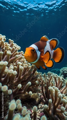 Clown fish underwater, corals and algae, marine life concept.