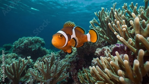 Clown fish underwater, corals and algae, marine life concept. © Deivison