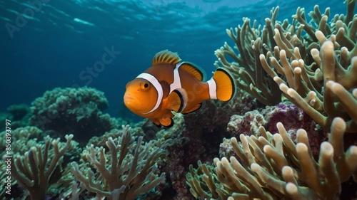 Clown fish underwater, corals and algae, marine life concept.