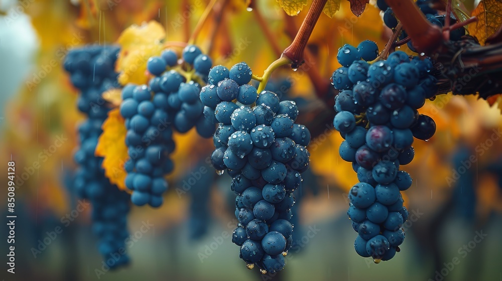 Close-Up of Blue Grapes on Vines with Dew Drops During Rainy Autumn Close-Up of Blue Grapes on Vines with Dew Drops During Rainy Autumn