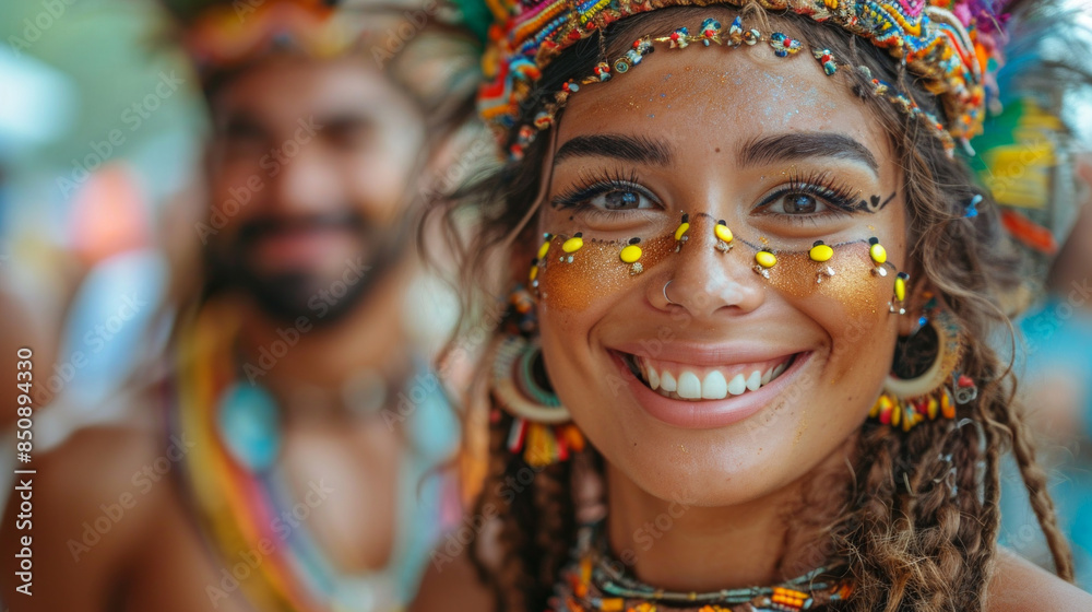 Joyful Brazilian Couple Celebrating Carnival with Colorful Traditional Costumes and Accessories