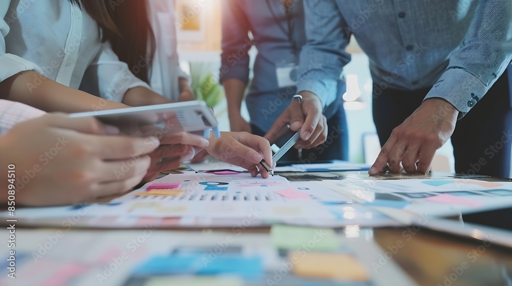 Fototapeta premium Design project management and tablet with team of business people in creative workplace together Collaboration planning or technology with man and woman designer group in office for di : Generative AI