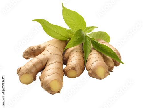 a group of ginger root with leaves photo