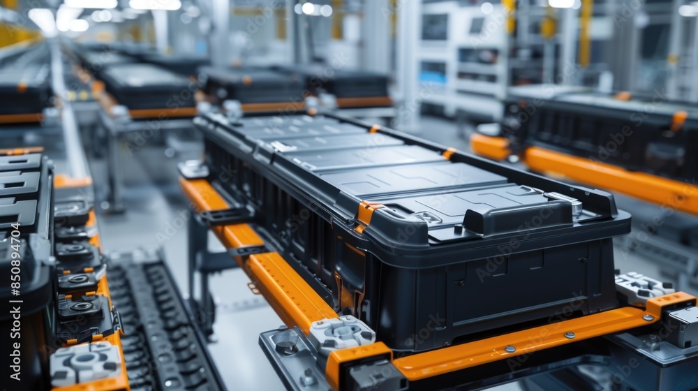EV Battery Production Factory. Close-up of Lithium-ion High-voltage Battery Components for Electric Vehicle or Hybrid Car. Battery Module for Automotive Industry Production Line. EV Battery Production Factory. Close-up of Lithium-ion High-voltage Battery Components for Electric Vehicle or Hybrid Car. Battery Module for Automotive Industry Production Line.
