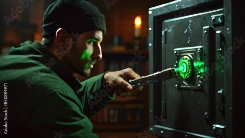 A thief a black beanie and a green shirt. He is holding a screwdriver and is trying to open a safe that has a green light. photo