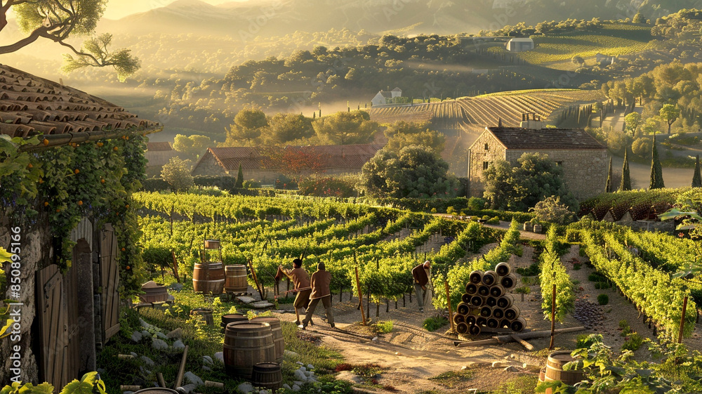 Obraz premium Rural vineyard workers at sunset