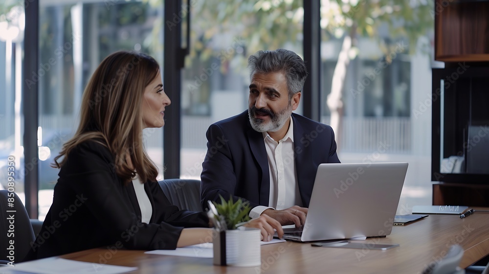 Lawyer or real estate agent make consultation for client Mature Latin business man and European business woman discussing project on laptop sitting at table in office Business people w : Generative AI Lawyer or real estate agent make consultation for client Mature Latin business man and European business woman discussing project on laptop sitting at table in office Business people w : Generative AI