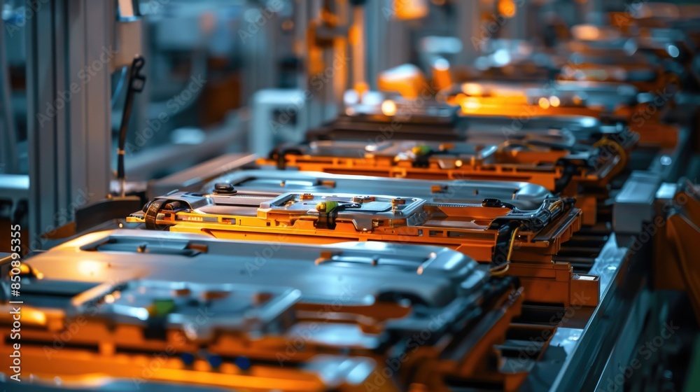 EV Battery Production Factory. Close-up of Lithium-ion High-voltage Battery Components for Electric Vehicle or Hybrid Car. Battery Module for Automotive Industry Production Line. EV Battery Production Factory. Close-up of Lithium-ion High-voltage Battery Components for Electric Vehicle or Hybrid Car. Battery Module for Automotive Industry Production Line.