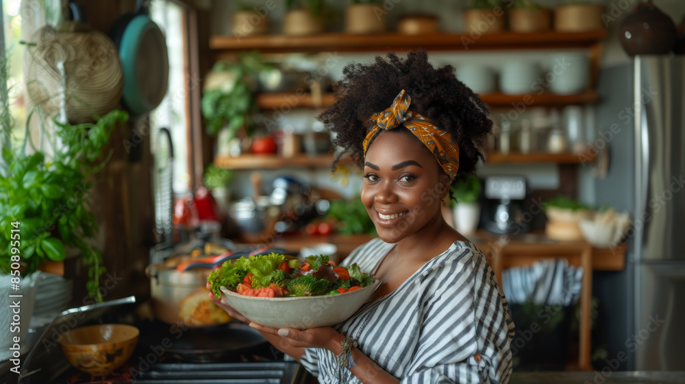 Close-Up Of Smiling Woman Holding Bowl Of Fresh Vegetables In Kitchen