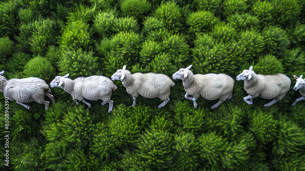 Fototapeta premium Directly Above Shot of Sheep Walking in a Line on Grassy Field