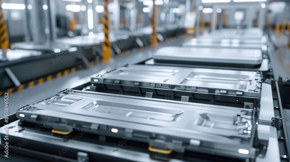 EV Battery Production Factory. Close-up of Lithium-ion High-voltage Battery Components for Electric Vehicle or Hybrid Car. Battery Module for Automotive Industry Production Line.