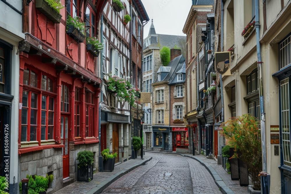 Picturesque view of a cobblestone street lined with historic buildings in europe after a rainfall Picturesque view of a cobblestone street lined with historic buildings in europe after a rainfall