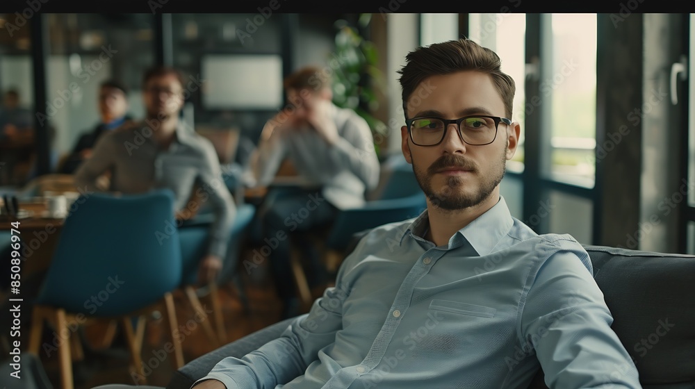 Portrait of a business man sitting in an office with his colleagues in the background Happy business man working in a coworking office : Generative AI Portrait of a business man sitting in an office with his colleagues in the background Happy business man working in a coworking office : Generative AI