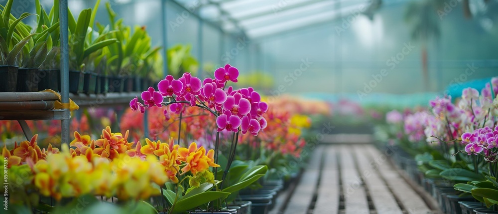 Fototapeta premium AI generator image of colorful flowers beside wooden walkway, long view in flower and plant farm nursery under shade netting