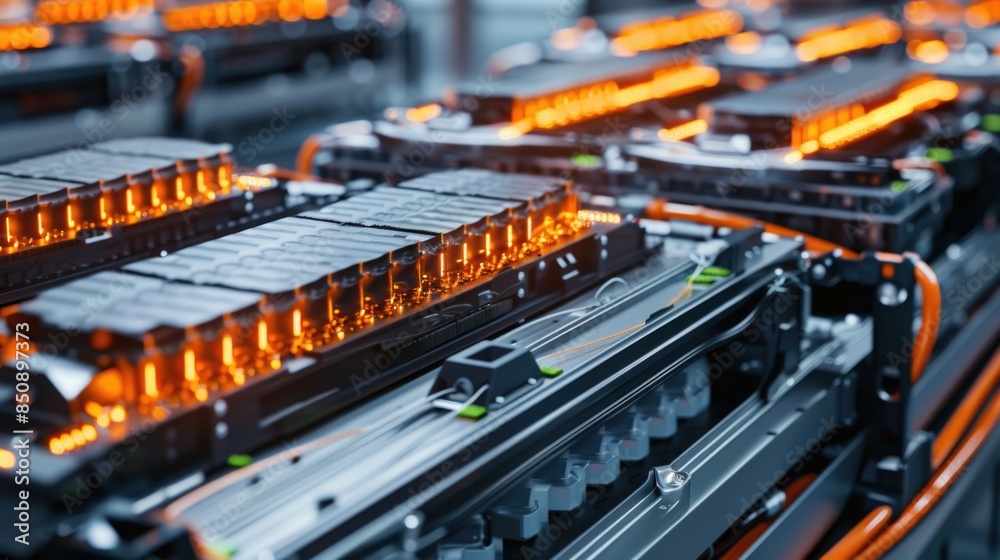 EV Battery Production Factory. Close-up of Lithium-ion High-voltage Battery Components for Electric Vehicle or Hybrid Car. Battery Module for Automotive Industry Production Line.