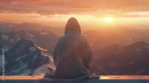 A person is sitting on a ledge overlooking a mountain range. The sun is setting, casting a warm glow over the scene. The person appears to be in a contemplative mood photo