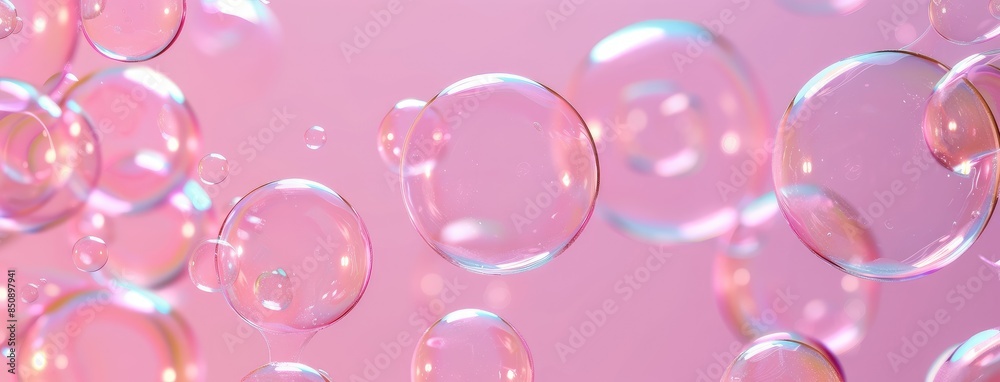 Shimmering Soap Bubbles Floating on Pink Surface Shimmering Soap Bubbles Floating on Pink Surface