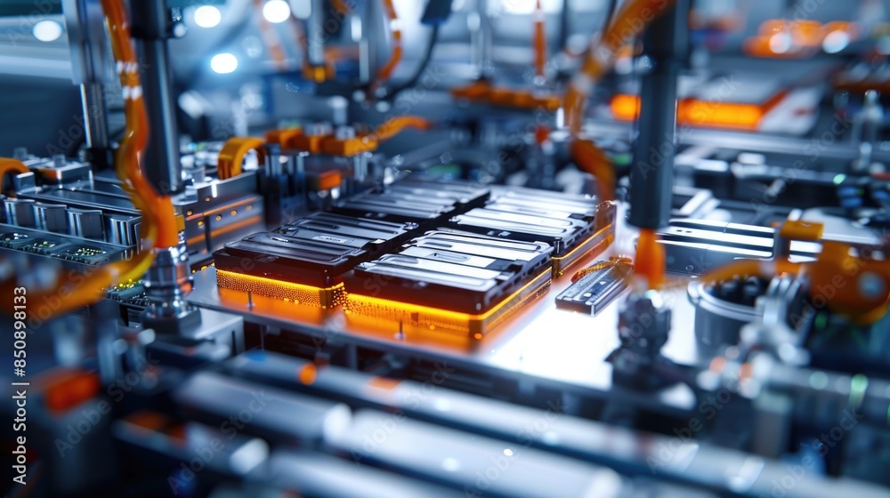 EV Battery Production Factory. Close-up of Lithium-ion High-voltage Battery Components for Electric Vehicle or Hybrid Car. Battery Module for Automotive Industry Production Line. EV Battery Production Factory. Close-up of Lithium-ion High-voltage Battery Components for Electric Vehicle or Hybrid Car. Battery Module for Automotive Industry Production Line.
