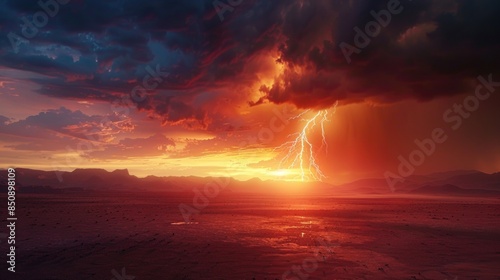 Dramatic Sunset Lightning Strike Over Arid Landscape