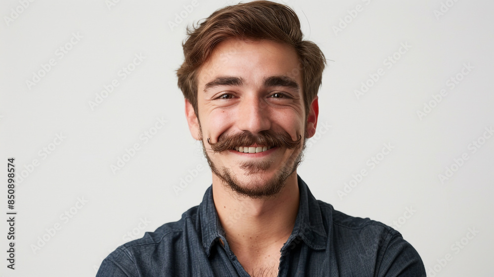 Good looking guy with moustache and beard smiling at the camera white background
