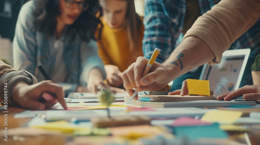 Fototapeta premium Group of marketing professionals having a meeting Creative business team brainstorming with sticky notes Happy business people putting their ideas together as they plan a project : Generative AI