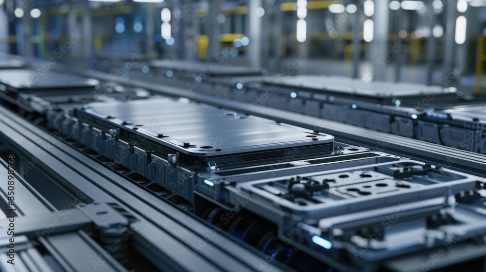 EV Battery Production Factory. Close-up of Lithium-ion High-voltage Battery Components for Electric Vehicle or Hybrid Car. Battery Module for Automotive Industry Production Line.