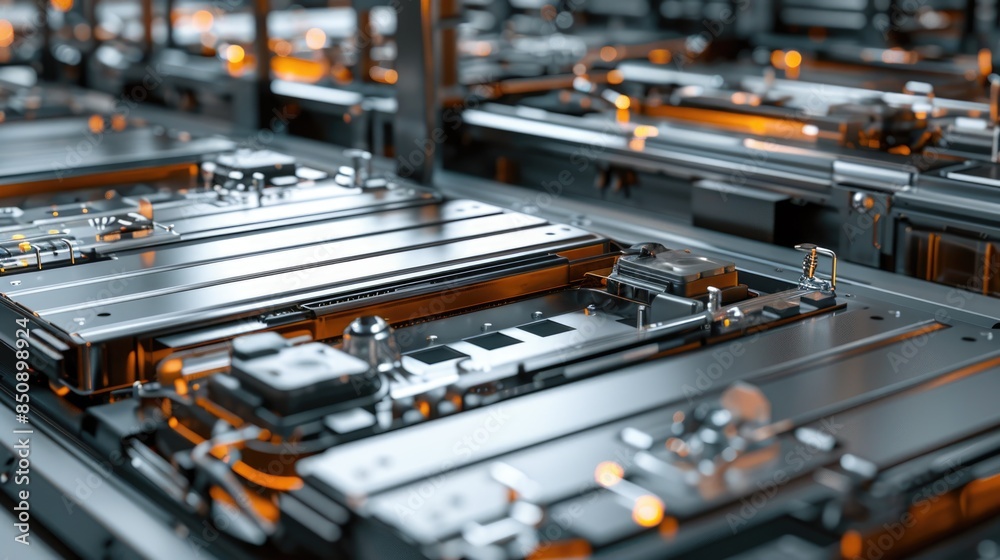 EV Battery Production Factory. Close-up of Lithium-ion High-voltage Battery Components for Electric Vehicle or Hybrid Car. Battery Module for Automotive Industry Production Line. EV Battery Production Factory. Close-up of Lithium-ion High-voltage Battery Components for Electric Vehicle or Hybrid Car. Battery Module for Automotive Industry Production Line.