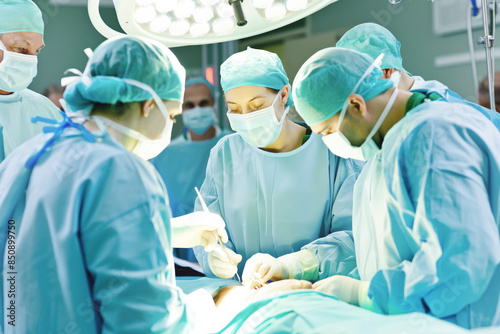 Team of surgeons performing operation in sterile operating room. Medical professionals focused on surgical procedure under bright surgical lights