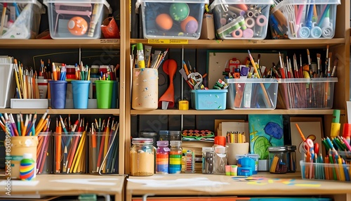 A classroom supply cabinet filled with art materials and learning tools, with copy space on the left for text photo