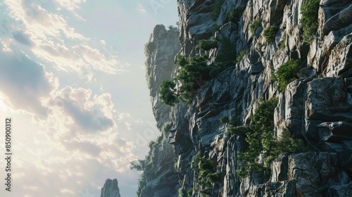 Serene Mountain Cliffside with Lush Greenery under Clear Skies