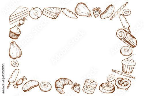 Fruits and sweets bakery Vector border. Hand drawn Yummy frame isolated on white background. Empty space framed by drawings of food.