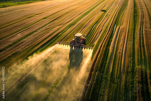 Ai generated. Aerial view of tractor spraying pesticides on rice fields with a tractor sprayer