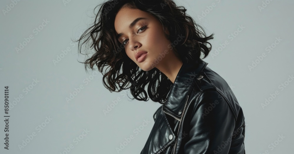 Confident Young Woman in Leather Jacket Posing Confident Young Woman in Leather Jacket Posing