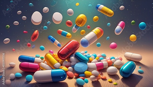 Scattered colorful pills and capsules in various shapes falling on a illustration background2.jpeg photo
