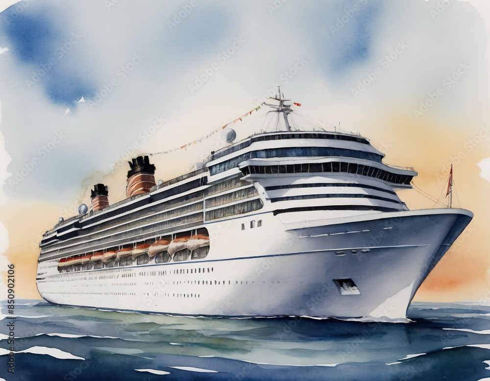 Obraz premium Watercolor Cruise Ship - Majestic Ocean Voyage