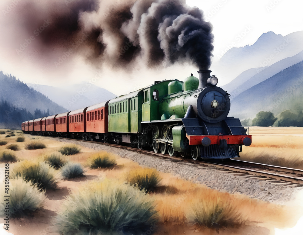 Fototapeta premium Watercolor Steam Train - Nostalgic Journey Through Countryside