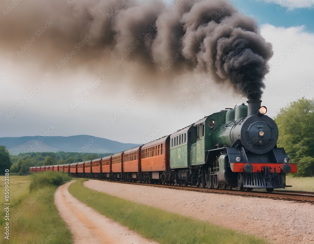 Naklejka premium Watercolor Steam Train - Nostalgic Journey Through Countryside
