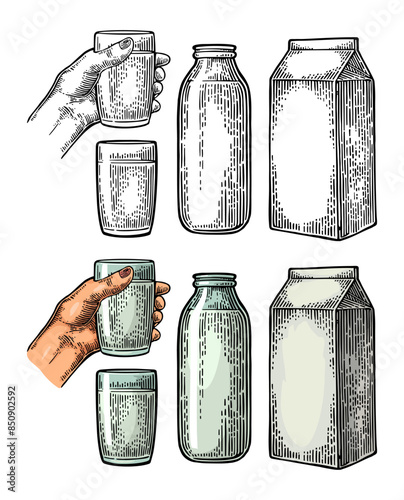 Milk box carton package, glass and bottle. Vector engraving vintage color and black illustration. Isolated on white background.
