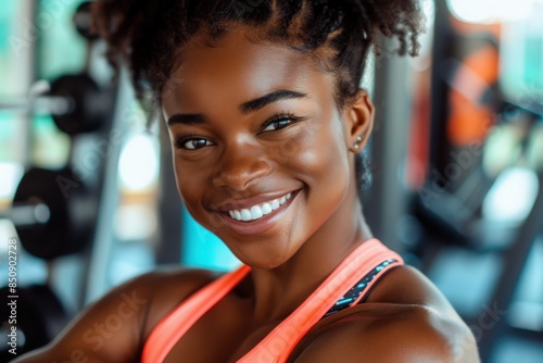 A young African-American woman smiles confidently in the gym, showing off her toned muscles.