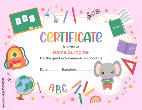Cute certificate design template for elementary school. Back to school playful frame background. Children vector illustration of school supplies. Vibrant colors, fun character, child-friendly design.