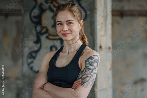 A young woman with toned arms poses in a gym, smiling at the camera. She is wearing a black sports bra and has a tattoo on her left arm. © AiHRG Design