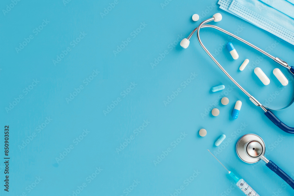 Fototapeta premium Medical Supplies and Equipment on a Blue Background