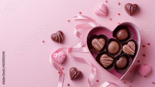 Heart shaped box overflowing with chocolates on pink background with pink ribbon