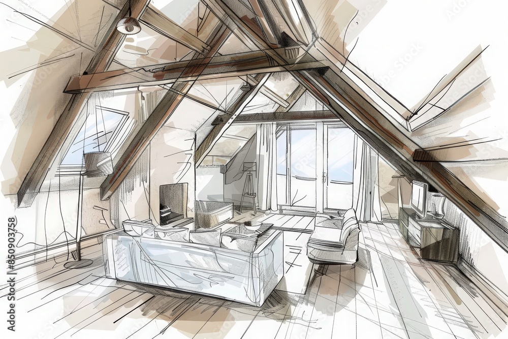 Obraz premium A sketch of a stylish attic living space with exposed beams, a modern couch, and a large window.